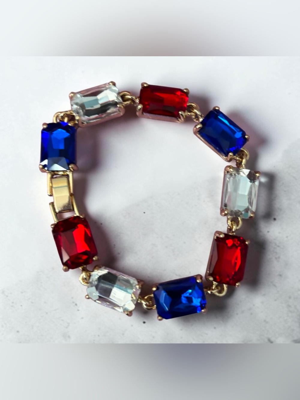 Cut Glass Stone Gold-Tone Tricolor Crystal Bracelet - Red Blue Clear